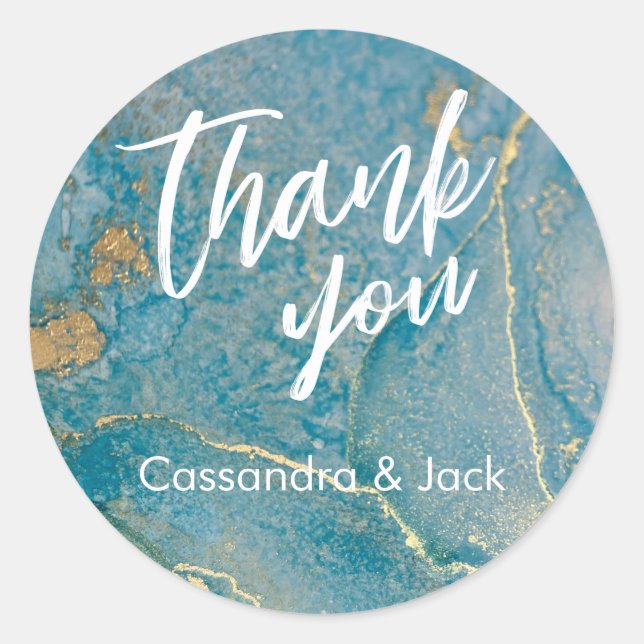 Teal and Gold Liquid Abstract Art Casual Hand Classic Round Sticker (Front)