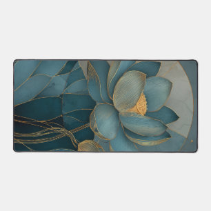 Teal and Gold Lotus Flower Geometric Line Art Zen Desk Mat