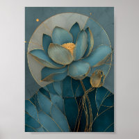 Teal and Gold Lotus Flower Geometric Line Art Zen