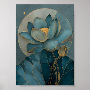 Teal and Gold Lotus Flower Geometric Line Art Zen  Poster