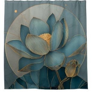 Teal and Gold Lotus Flower Geometric Line Art Zen Shower Curtain