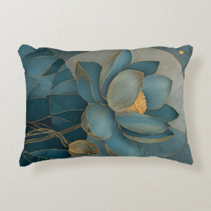 Teal and Gold Lotus Flower Geometric Line Decorative Cushion