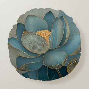 Teal and Gold Lotus Flower Geometric Line Round Cushion
