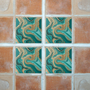 Teal and Gold Marble Ceramic Tile
