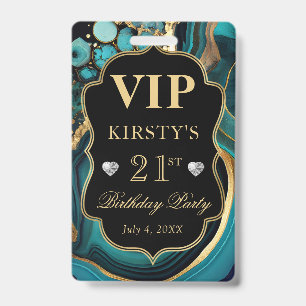Teal and Gold Marble Glitter Agate Birthday VIP ID Badge