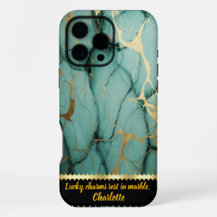 Teal and gold marble with intricate patterns iPhone 16 pro max case
