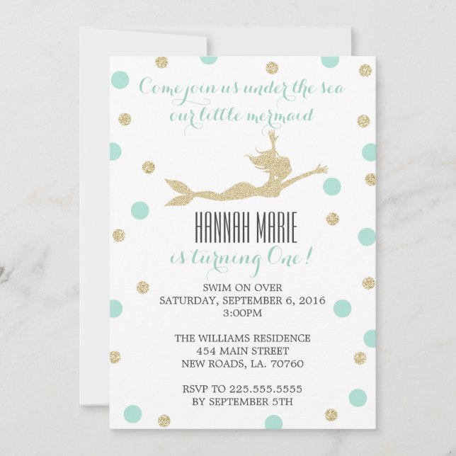 Teal and Gold Mermaid Birthday Party Invitations (Front)