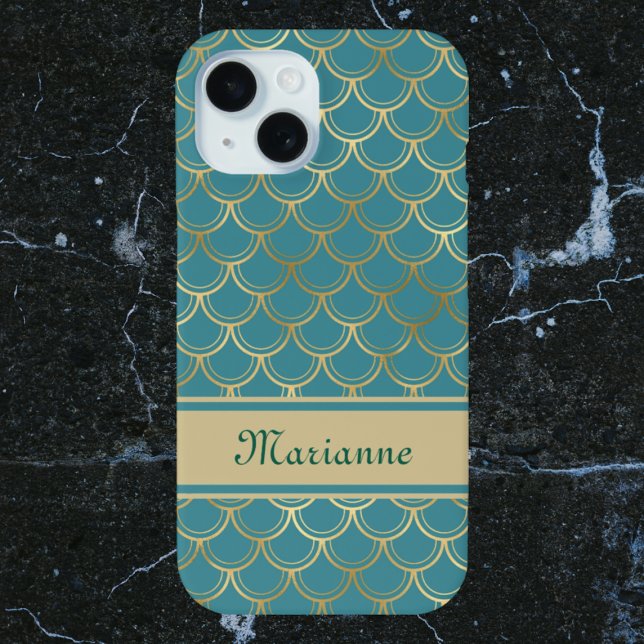Teal and Gold Mermaid Scales with Monogram Name Case-Mate iPhone Case (Creator Uploaded)
