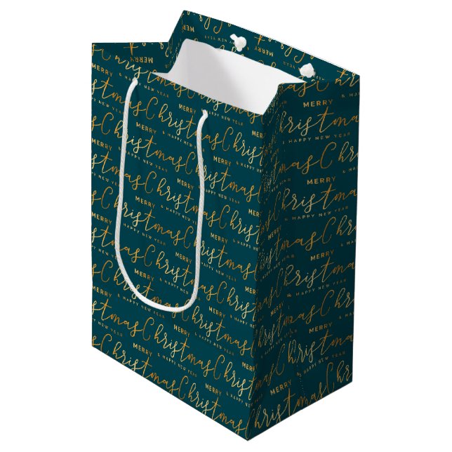 Teal and Gold Merry Christmas Word Art Medium Gift Bag (Front Angled)