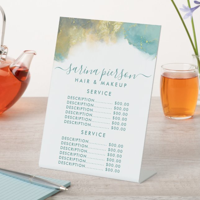 Teal And Gold Modern Art Liquid Ink Service Price Pedestal Sign (In SItu)
