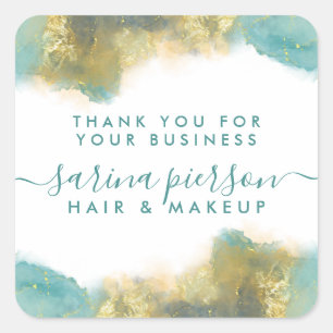 Teal And Gold Modern Art Liquid Watercolor Ink Square Sticker