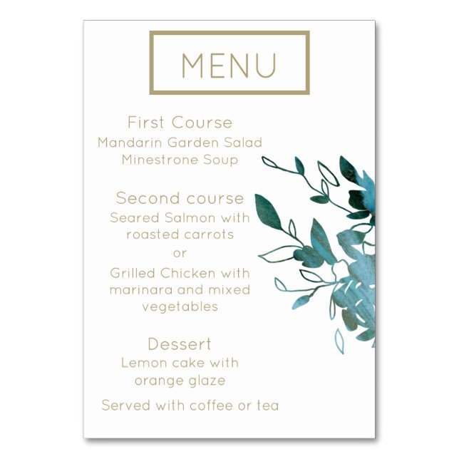 Teal and Gold Modern Minimalist Wedding Menu Table Number (Front)
