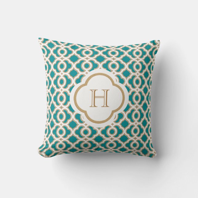 Teal and Gold Moroccan Monogram Cushion (Front)