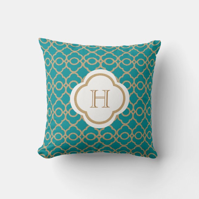 Teal and Gold Moroccan Monogram Cushion (Front)