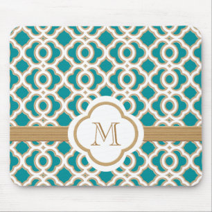 Teal and Gold Moroccan Monogrammed Mouse Pad