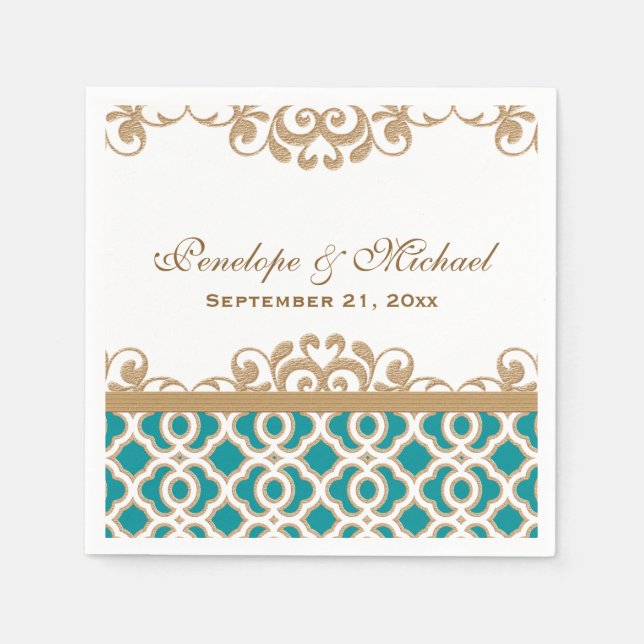 Teal and Gold Moroccan Wedding Napkin (Front)