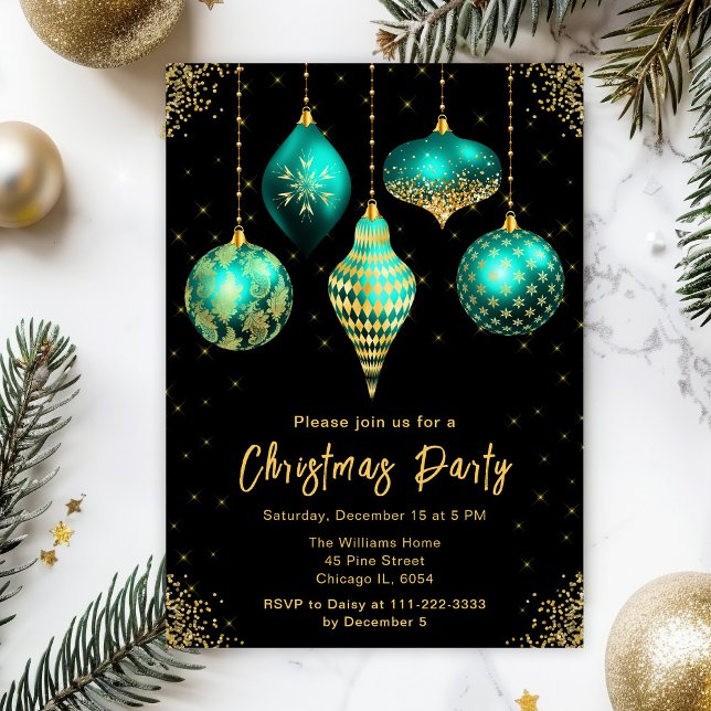 Teal and Gold Ornaments Christmas Party Invitation (Creator Uploaded)