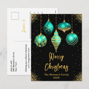 Teal and Gold Ornaments Merry Christmas Holiday Postcard