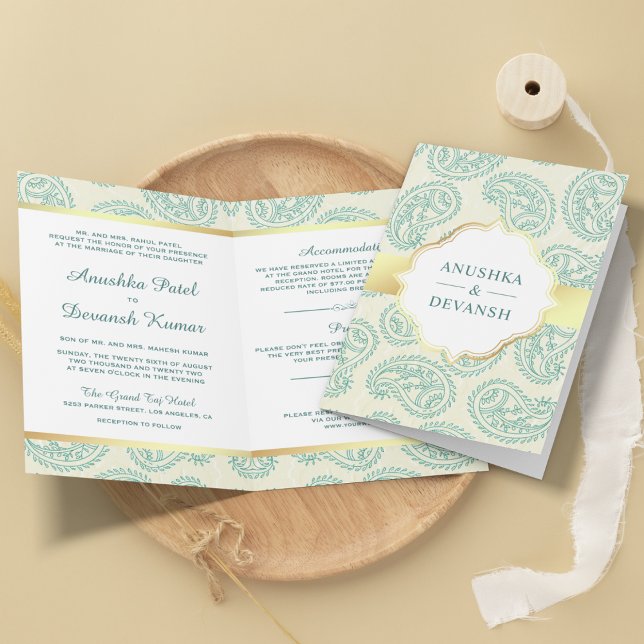 Teal and Gold Paisley Traditional Indian Wedding Invitation (Creator Uploaded)