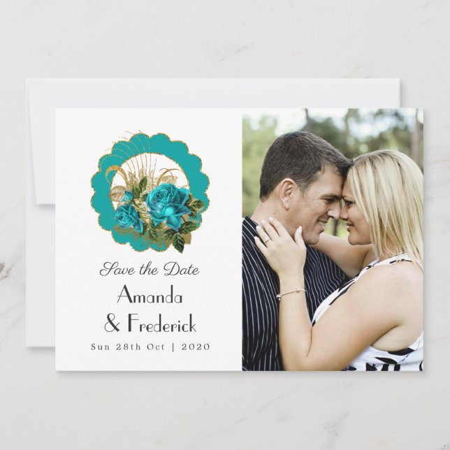 Teal and Gold Paris Art Deco Roses Wedding Photo Save The Date (Front)