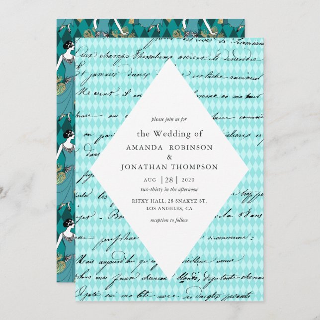 Teal and Gold Paris Themed Calligraphy Wedding Invitation (Front/Back)