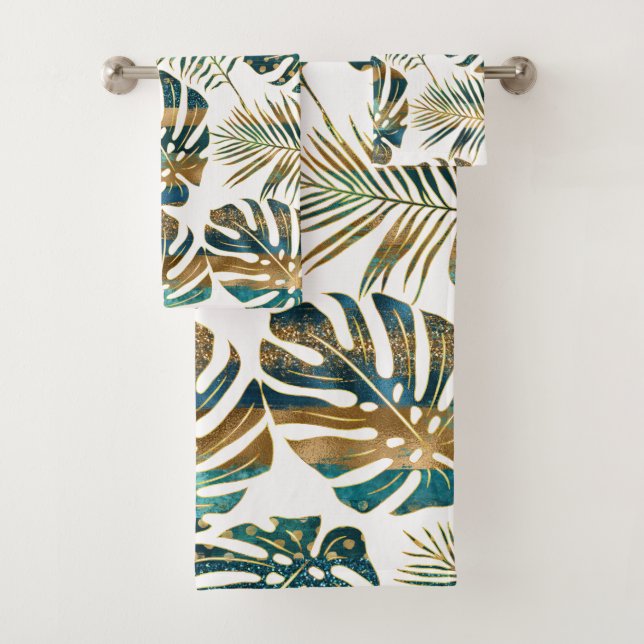 Teal and gold patterned tropical leaves bath towel set (Insitu)