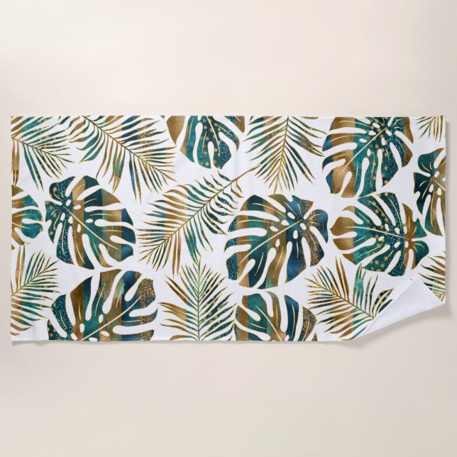 Teal and gold patterned tropical leaves beach towel (Front)