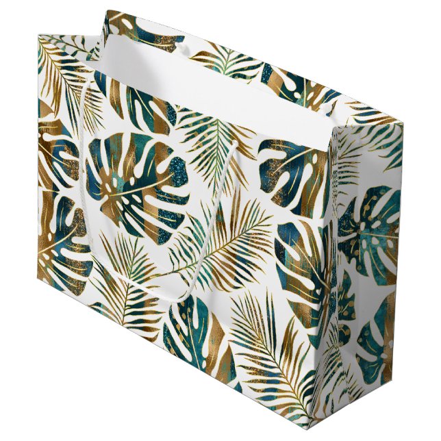 Teal and gold patterned tropical leaves large gift bag (Front Angled)