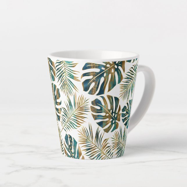 Teal and gold patterned tropical leaves latte mug (Right Angle)