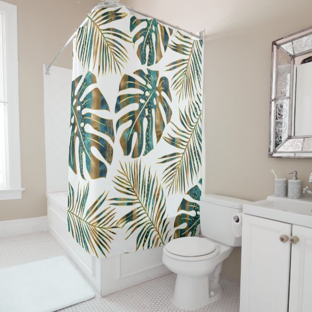 Teal and gold patterned tropical leaves shower curtain (In Situ)