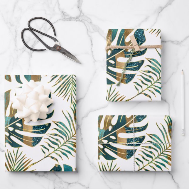 Teal and gold patterned tropical leaves wrapping paper sheet (Front)