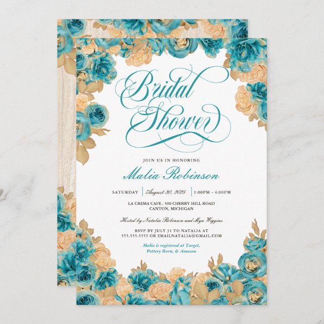 Teal and Gold Roses Elegant Floral Bridal Shower Invitation (Front/Back)