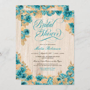 Teal and Gold Roses Elegant Rustic Bridal Shower Invitation