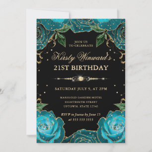 Teal and Gold Roses Floral 21st Birthday Invitation
