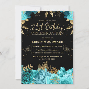 Teal and Gold Roses Floral 21st birthday Invitation