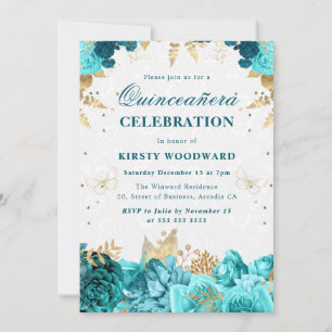 Teal and Gold Roses Floral Quinceanera Invitation