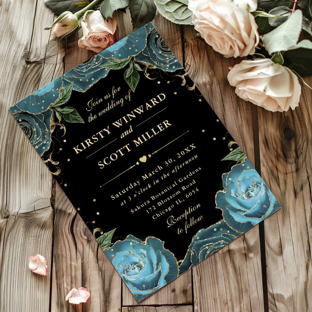 Teal and Gold Roses Floral Wedding Invitation (Creator Uploaded)