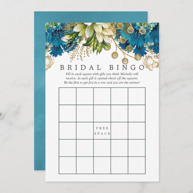 Teal and Gold Shabby Bridal Shower Bingo Invitation (Front/Back)
