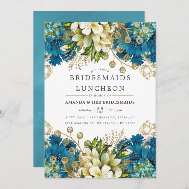 Teal and Gold Shabby-Chic Bridesmaids Luncheon Invitation (Front/Back)