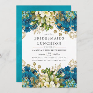 Teal and Gold Shabby-Chic Bridesmaids Luncheon Invitation