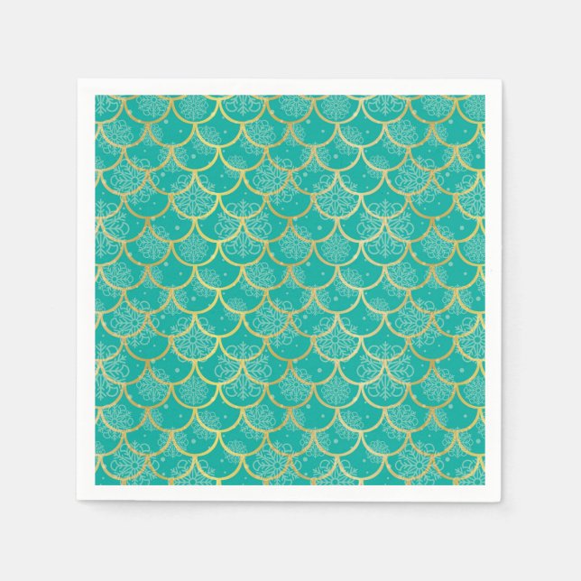 Teal and gold snowflake with fish scales pattern napkin (Front)