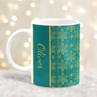 Teal and Gold Snowflakes Christmas Mug with Name