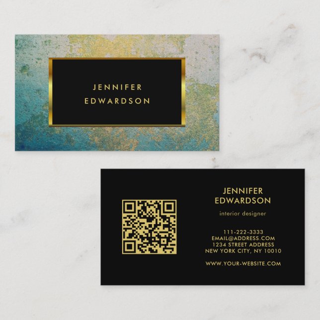 Teal and gold stone QR code professional Business Card (Front/Back)