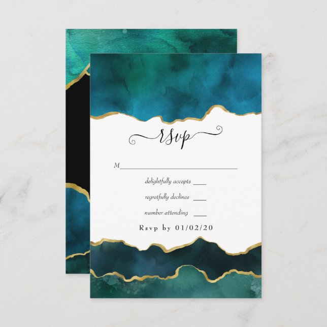 Teal and Gold Strata Agate Wedding RSVP Card (Front/Back)