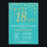 Teal and Gold Surprise 18th Birthday Diamond Invitation<br><div class="desc">Surprise 18th Birthday Invitation with Teal and Gold Glitter Diamond Background. Gold Confetti. Adult Birthday. Male Men or Women Birthday. For further customisation,  please click the "Customise it" button and use our design tool to modify this template.</div>