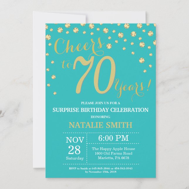 Teal and Gold Surprise 70th Birthday Diamond Invitation (Front)