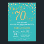 Teal and Gold Surprise 70th Birthday Diamond Invitation<br><div class="desc">Surprise 70th Birthday Invitation with Teal and Gold Glitter Diamond Background. Gold Confetti. Adult Birthday. Male Men or Women Birthday. For further customisation,  please click the "Customise it" button and use our design tool to modify this template.</div>