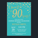 Teal and Gold Surprise 90th Birthday Diamond Invitation<br><div class="desc">Surprise 90th Birthday Invitation with Teal and Gold Glitter Diamond Background. Gold Confetti. Adult Birthday. Male Men or Women Birthday. For further customisation,  please click the "Customise it" button and use our design tool to modify this template.</div>