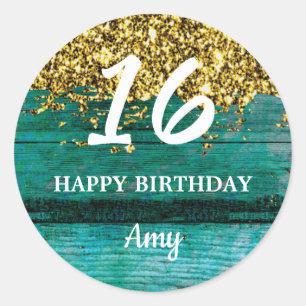 Teal and Gold Sweet 16 Birthday Party Favour  Classic Round Sticker