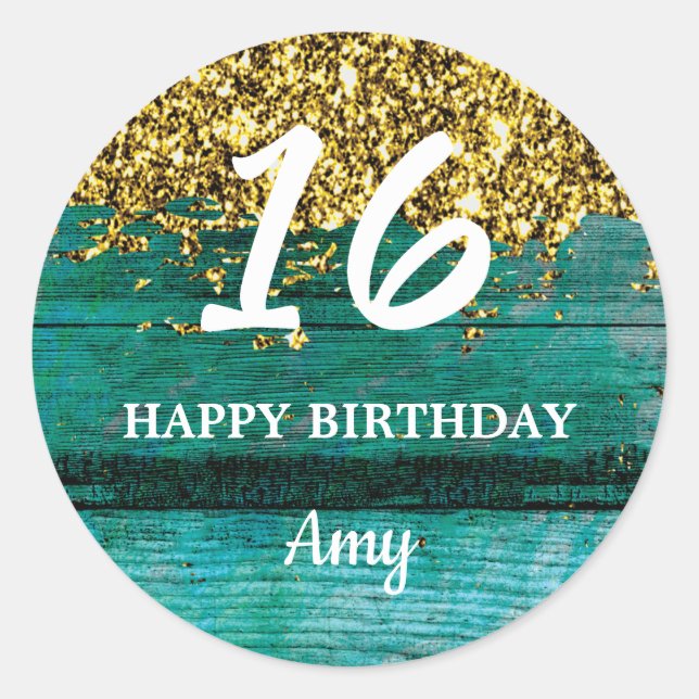 Teal and Gold Sweet 16 Birthday Party Favour  Classic Round Sticker (Front)